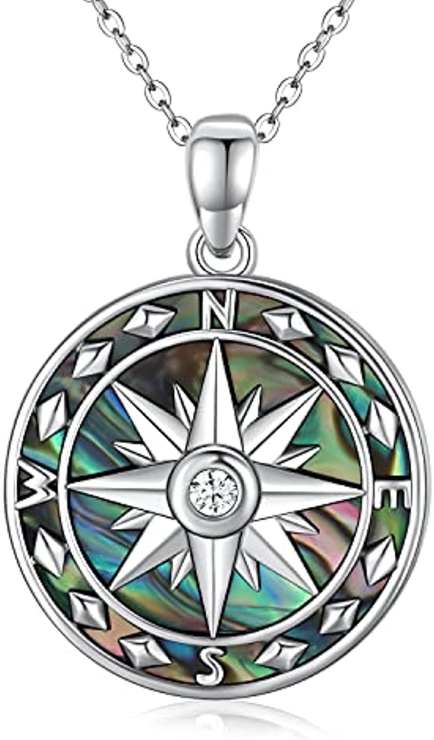 Compass Necklace for Women Sterling Silver Malachite Abalone Shell Pendant Jewelry Graduation Gift for Men Teens