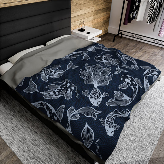 Indigo Koi Pattern Velveteen Plush Blanket