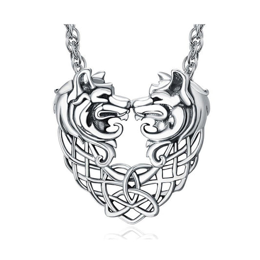 Wolf Necklace Sterling Silver Wolf Pendant Celtic Knot Double Wolf Jewelry Gifts for Women Man