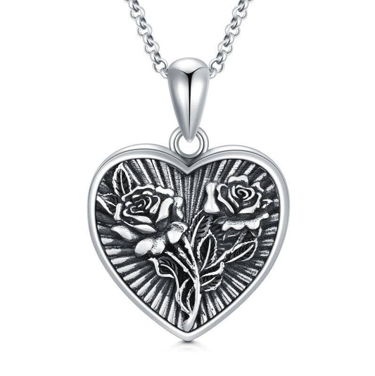 Rose Heart Locke Necklace Oxidized Sterling Silver