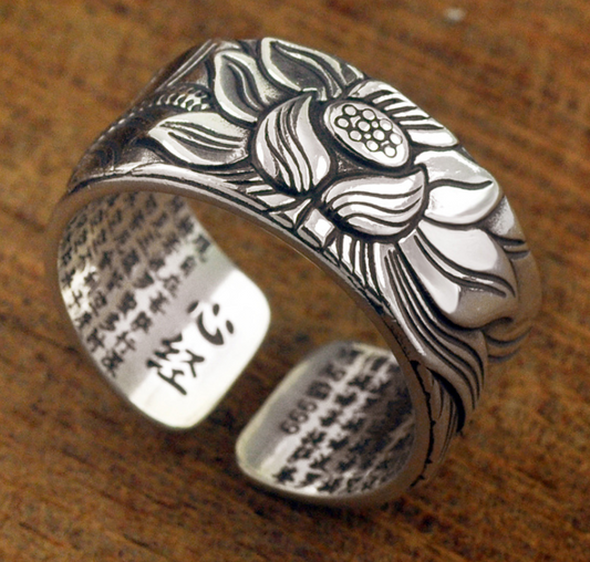 Thai Silver Black Lotus Heart Sutra  Ring